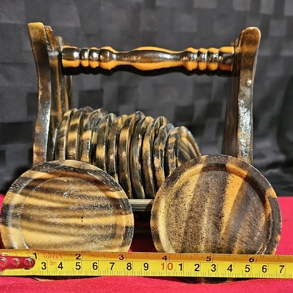 MCM Handcarved Zebra Stripe Tiki Wooden Coaster Set of 12 Pineapple Motif Holder